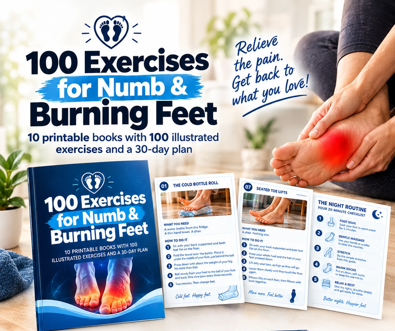 100 Exercises for Numb and Burning Feet — 10 printable books with 100 illustrated exercises and a 30-day plan